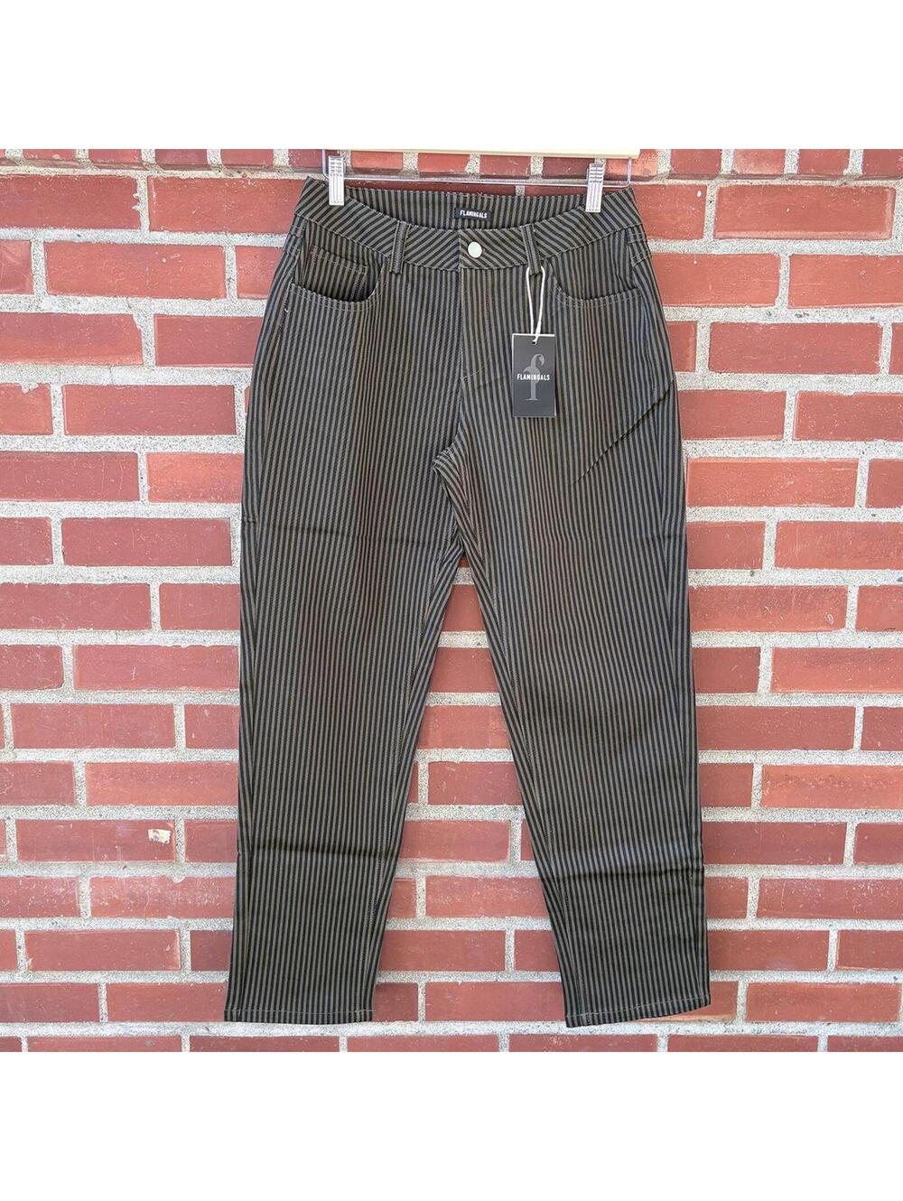 Flamingals Black and Tan Pinstripe Cotton Stretch Pants
